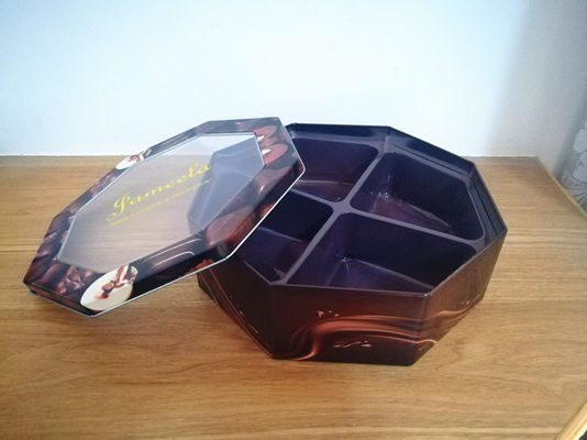 Caixa de lata de biscoito decorativa de forma hexagonal com janela de PET personalizada