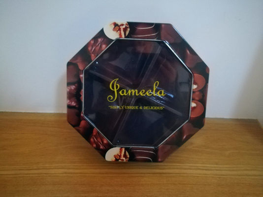 Caixa de lata de biscoito decorativa de forma hexagonal com janela de PET personalizada