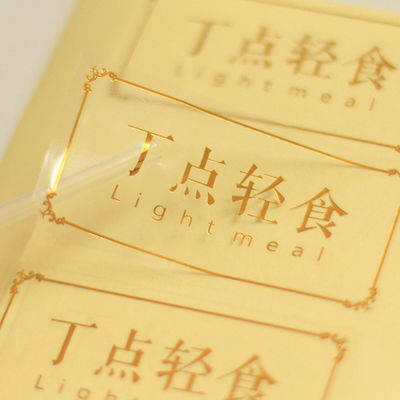 Etiquetas de logotipo transparentes em PVC em forma de retângulo com estampagem de folha de ouro