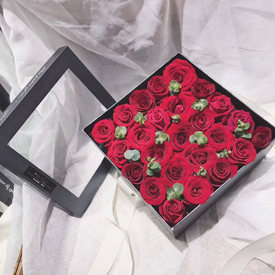 Caixa-presente de papel rígido de rosa real, caixa de flores redonda e quadrada com fita